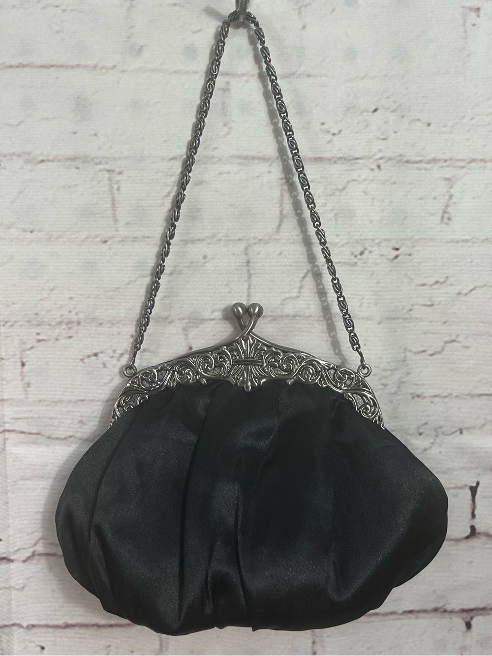 Vintage Gunne Sax Black Satin Evening Bag Kiss Lock Filigree Frame Purse Clutch